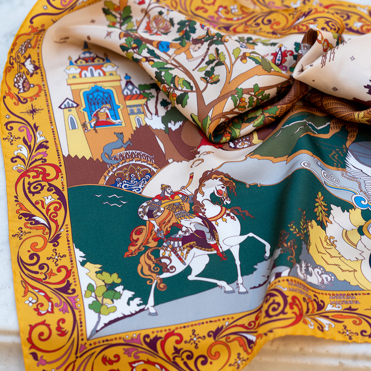 Шелковый платок «Сказки Пушкина светлый» 90х90