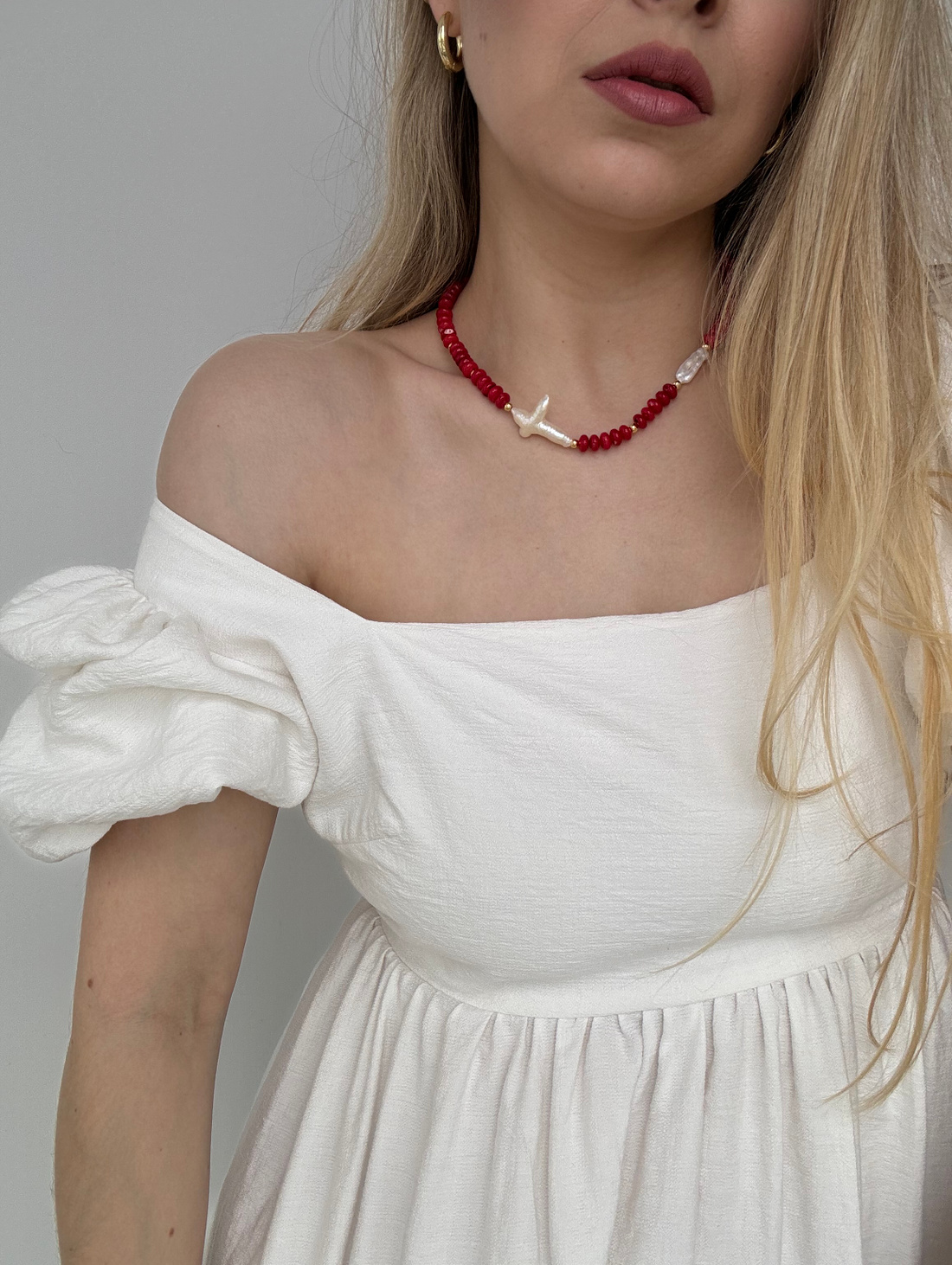 Колье из натурального коралла и натурального жемчуга - фотография товара