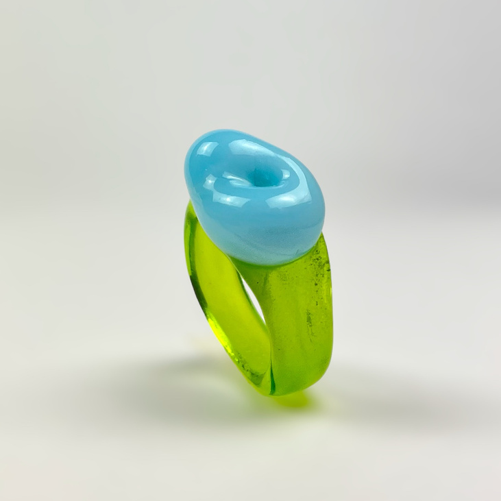 Кольцо стеклянное STKLO Mono  Crystal Green &  Cheerful Blue