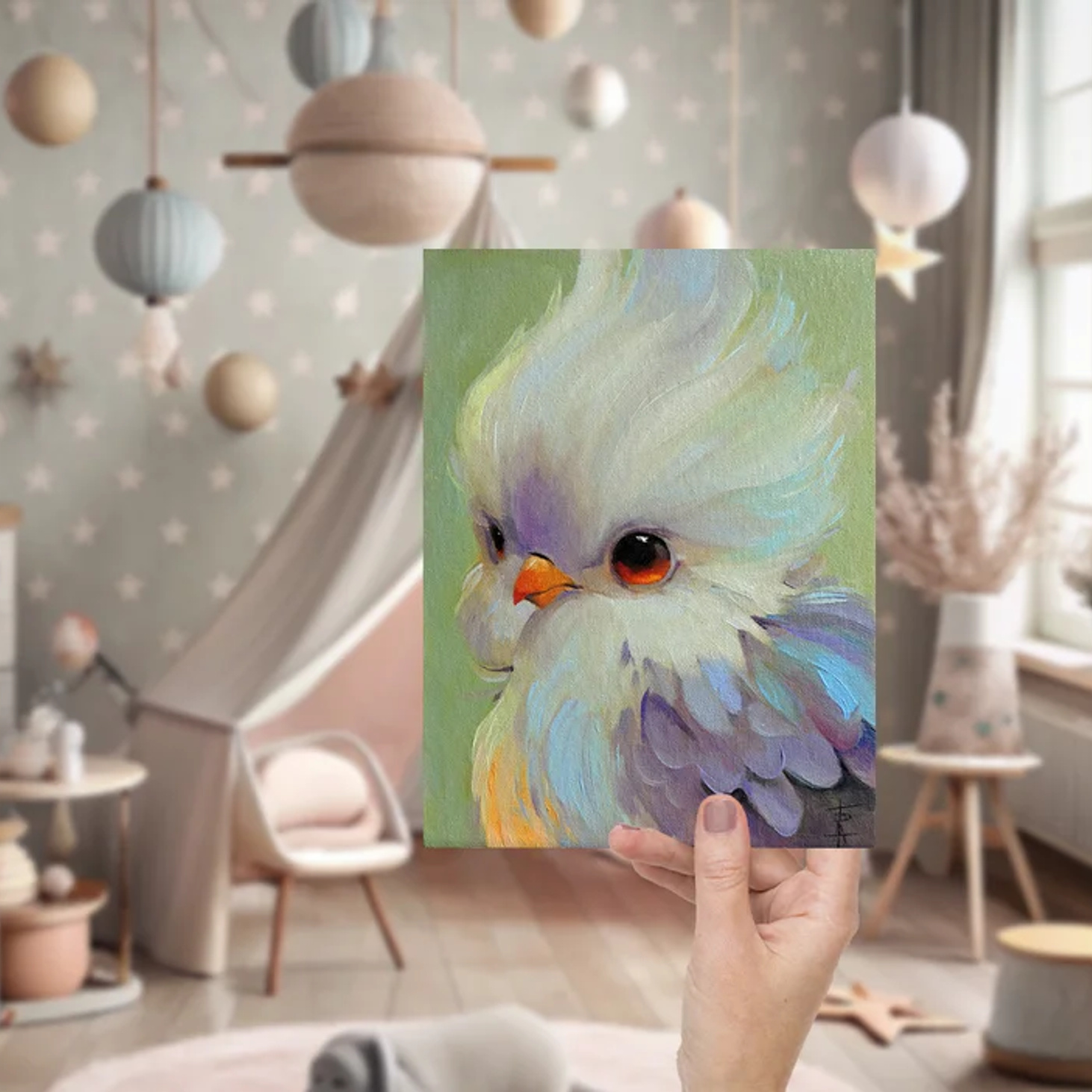 Картина маслом "Любопытный птенчик", 18х24 см - фотография товара