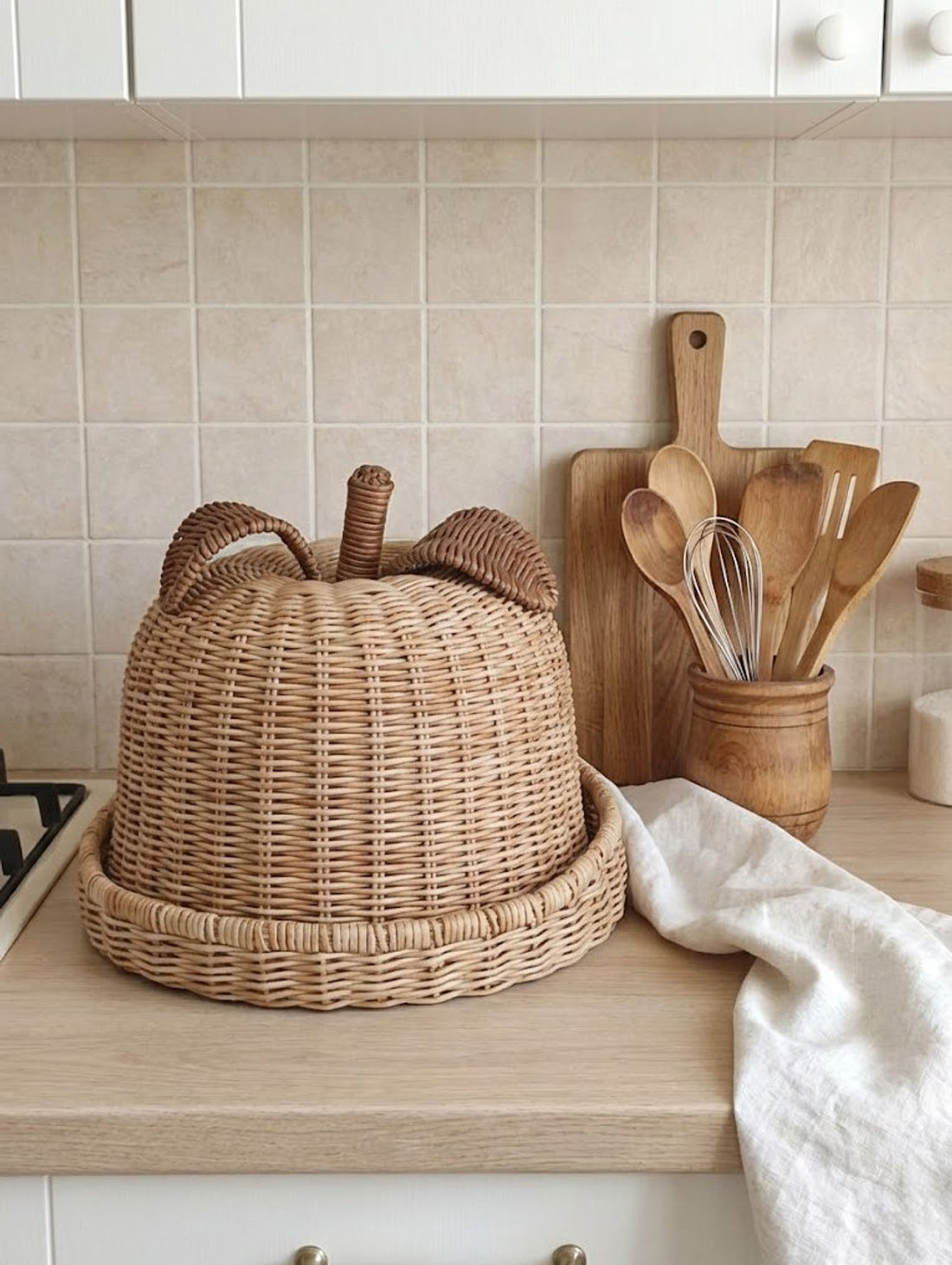 Плетеная хлебница - клош ввиде яблока с листиками - фотография товара