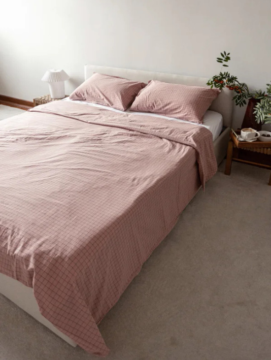 Комплект постельного белья Евро, розовый в клетку