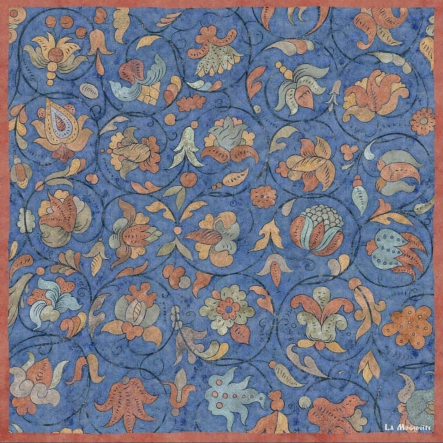 Шелковый платок "Райский сад" голубой - фотография товара