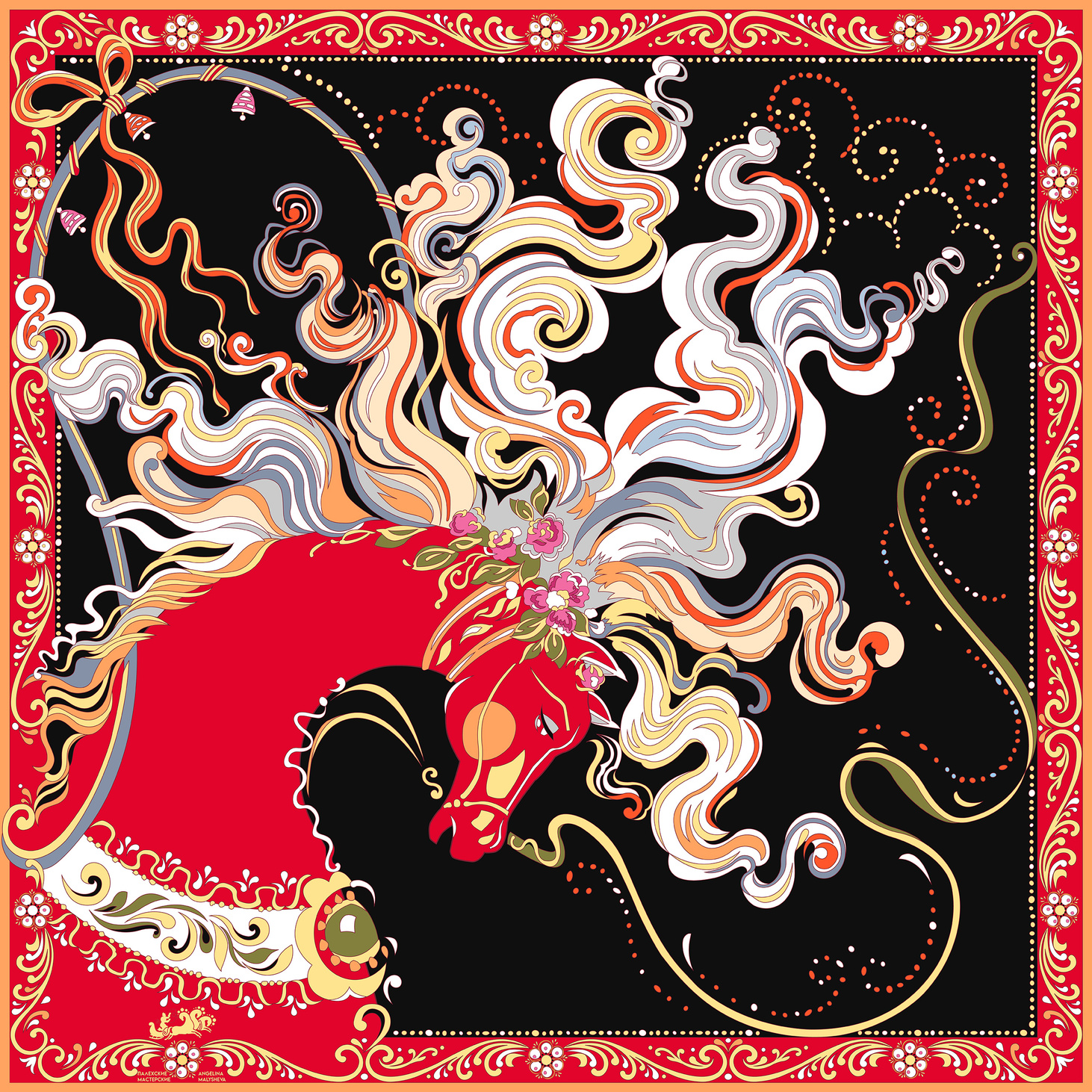 Шелковый платок «Палехский конь». Черный. 90х90 - фотография товара