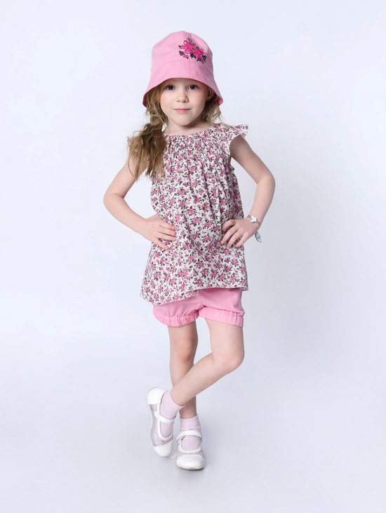 Комплект для девочки - Туника, шорты и панама "Цветочки"