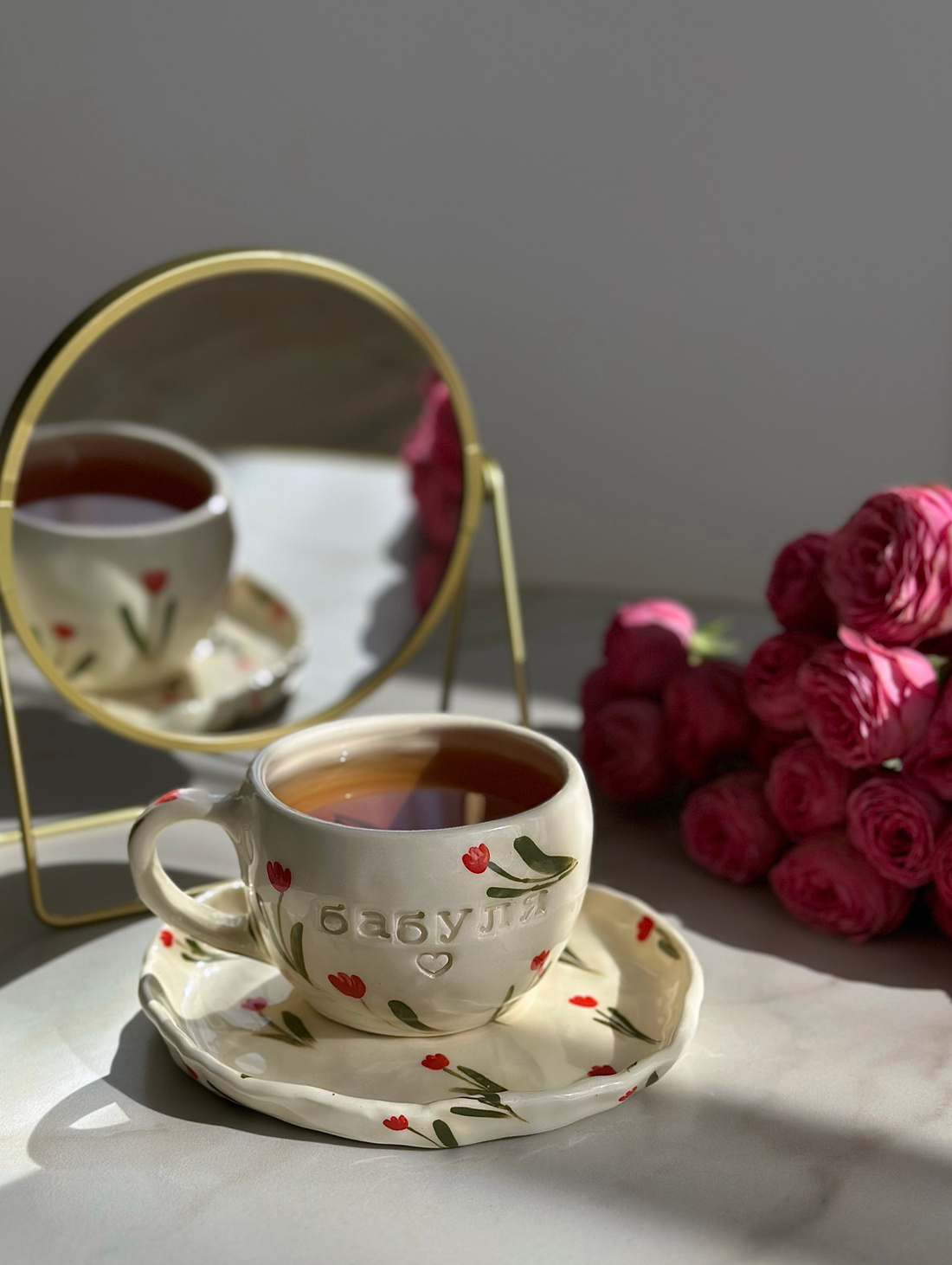 Чайная пара ручной работы «БАБУЛЯ» с тюльпанами - фотография товара