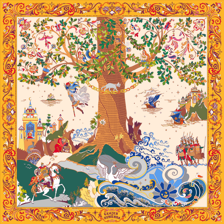 Шелковый платок «Сказки Пушкина светлый» 90х90