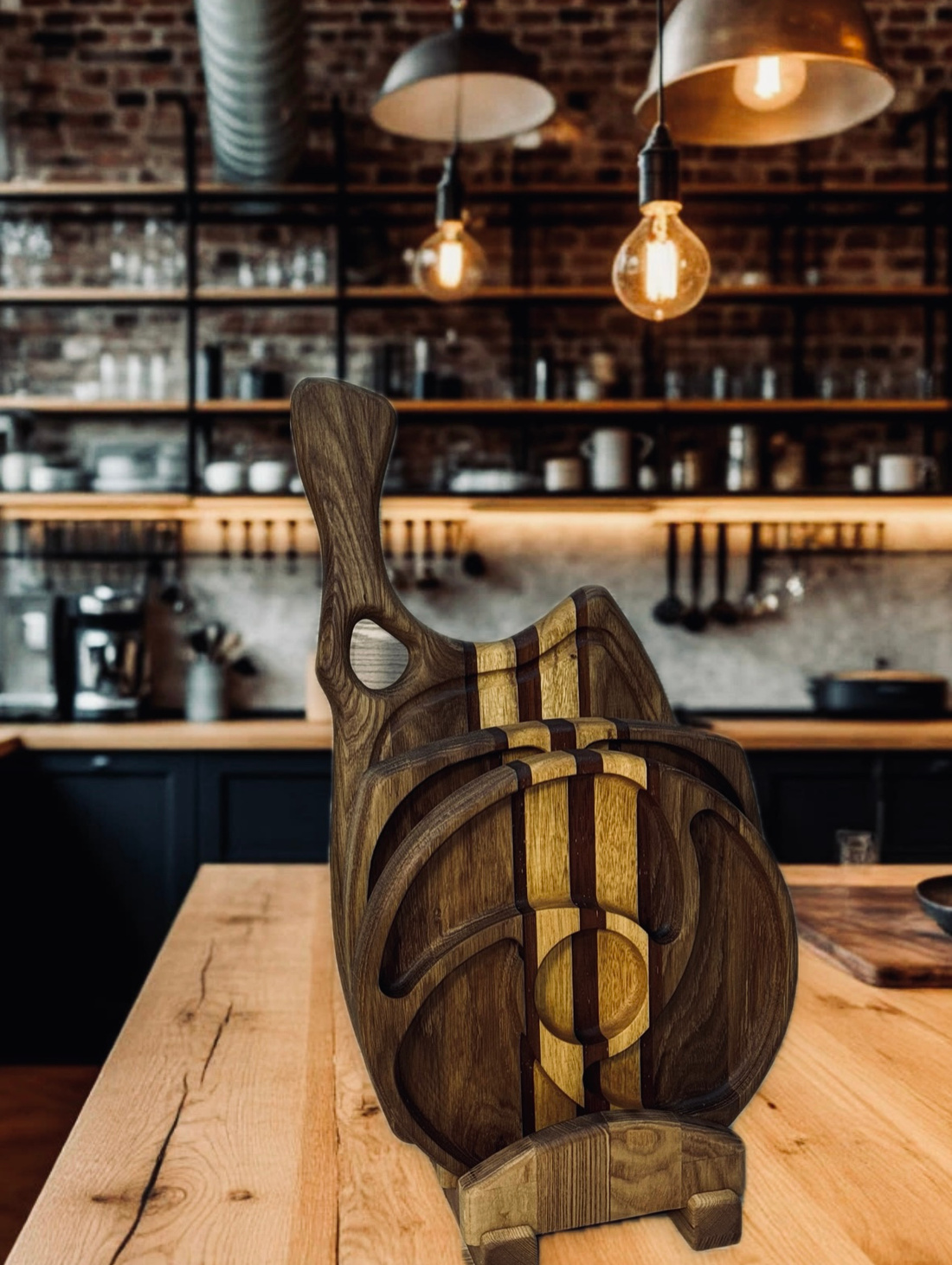 Набор менажниц из дуба, мербау и мовингу на подставке - фотография товара