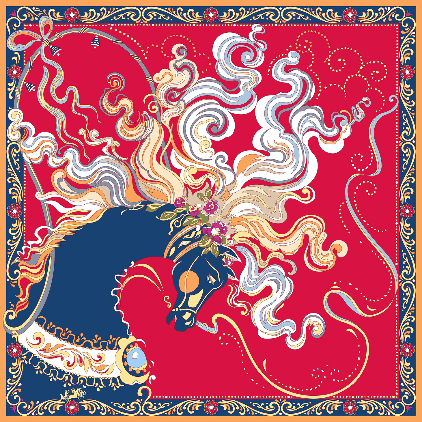 Шелковый платок «Палехский конь». Красный. 90х90 см. - фотография товара