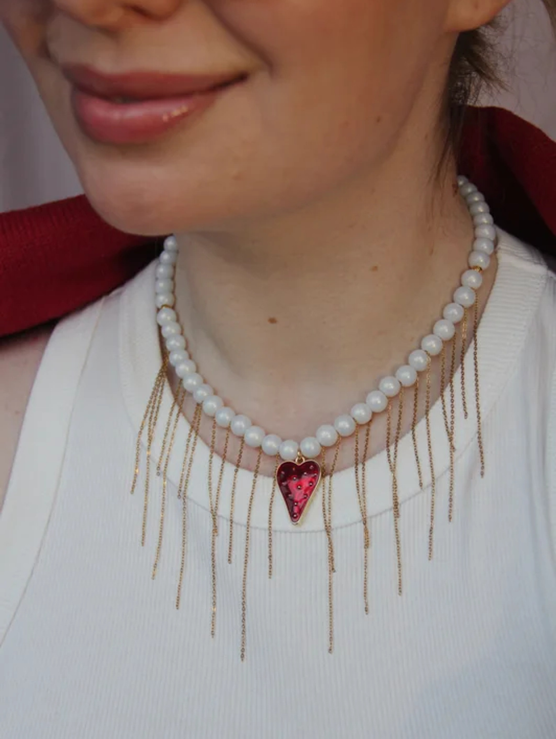 Акцентное жемчужное колье с цепями - фотография товара