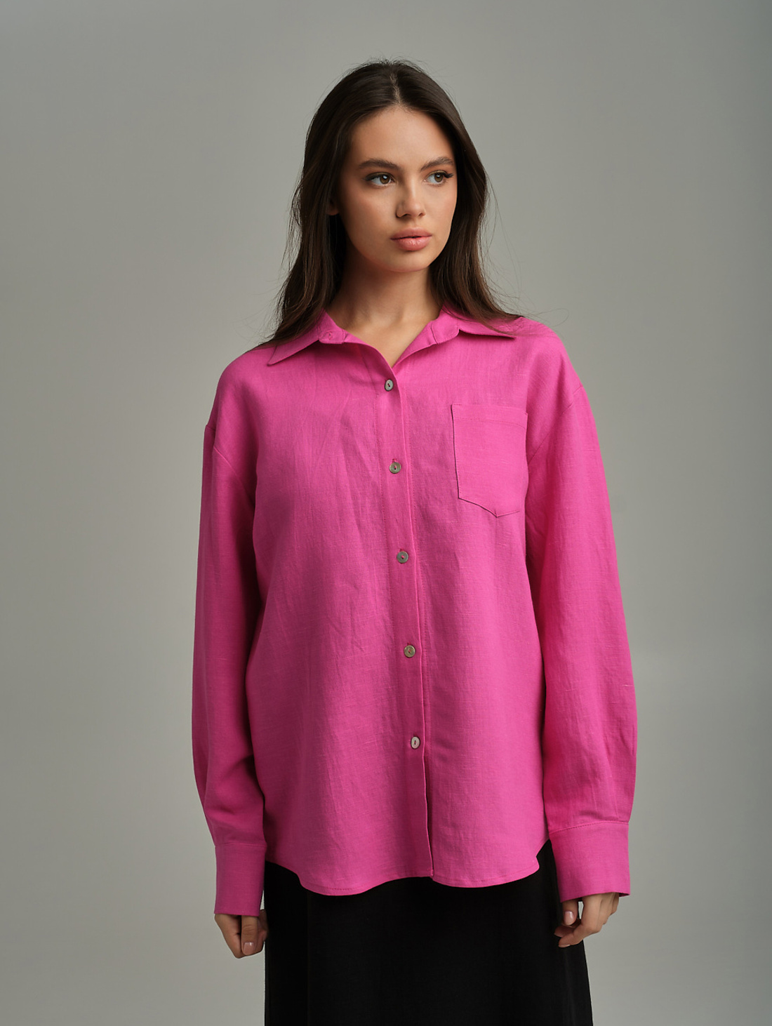 Рубашка оверсайз изо льна с длинным рукавом фуксия - фотография товара