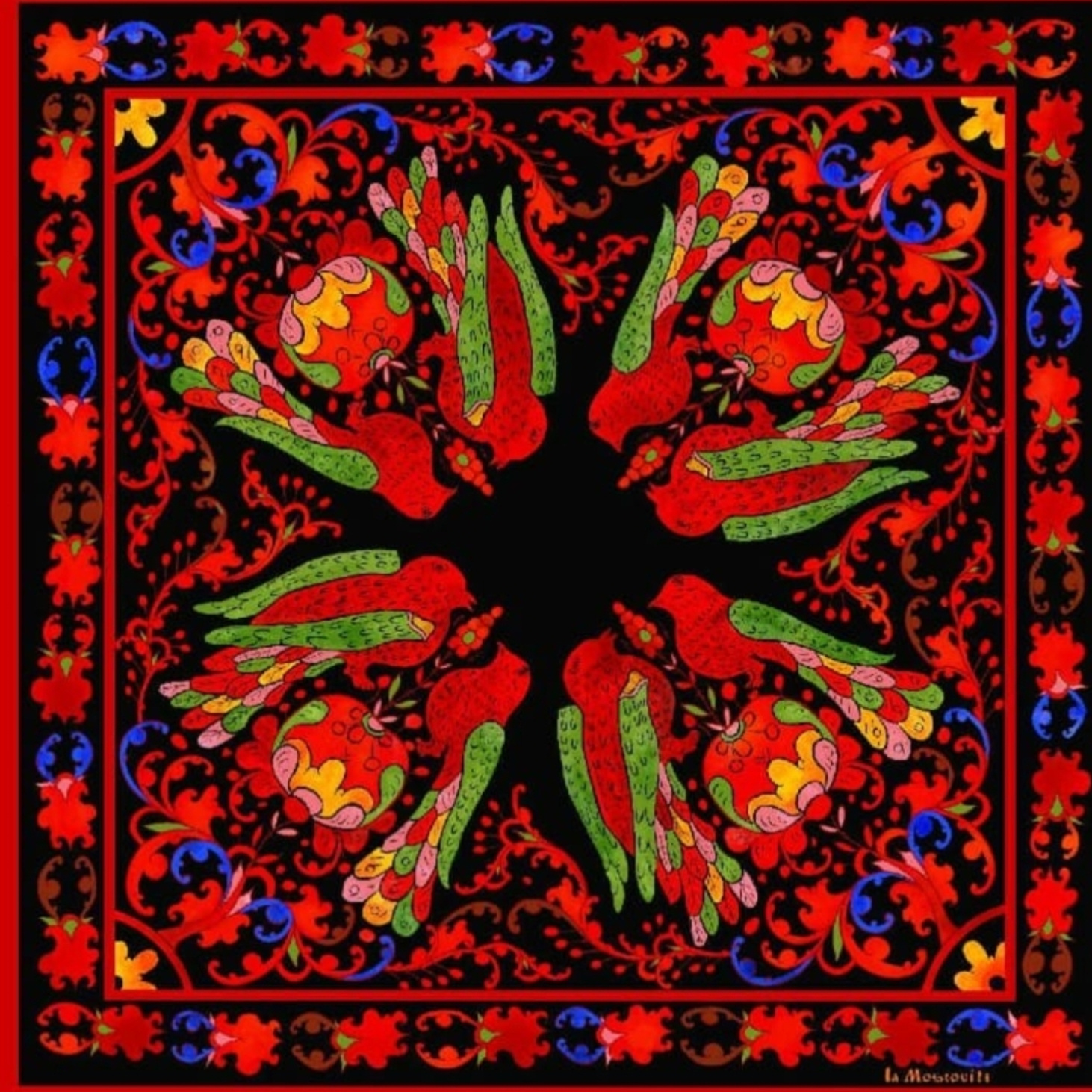 Шелковый платок "Птицы-неразлучники" темный - фотография товара