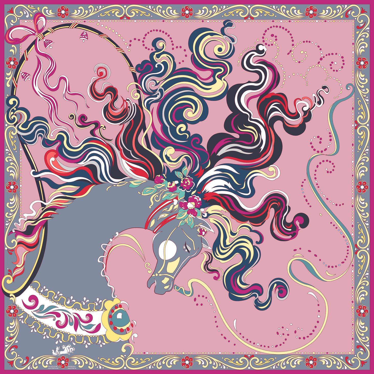 Шелковый платок «Палехский конь». Пудровый. 90х90 - фотография товара