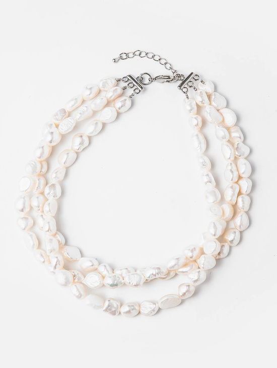 Чокер тройной из натурального жемчуга серебристый