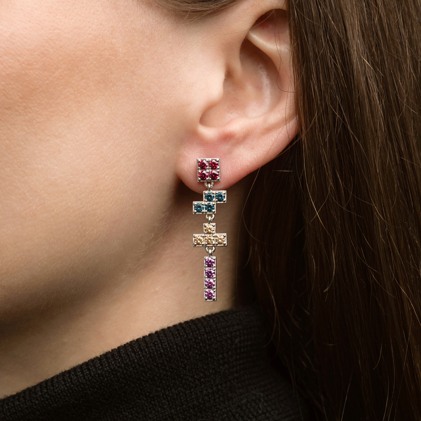 Серьги серебряные с камнями TETRIS - фотография товара