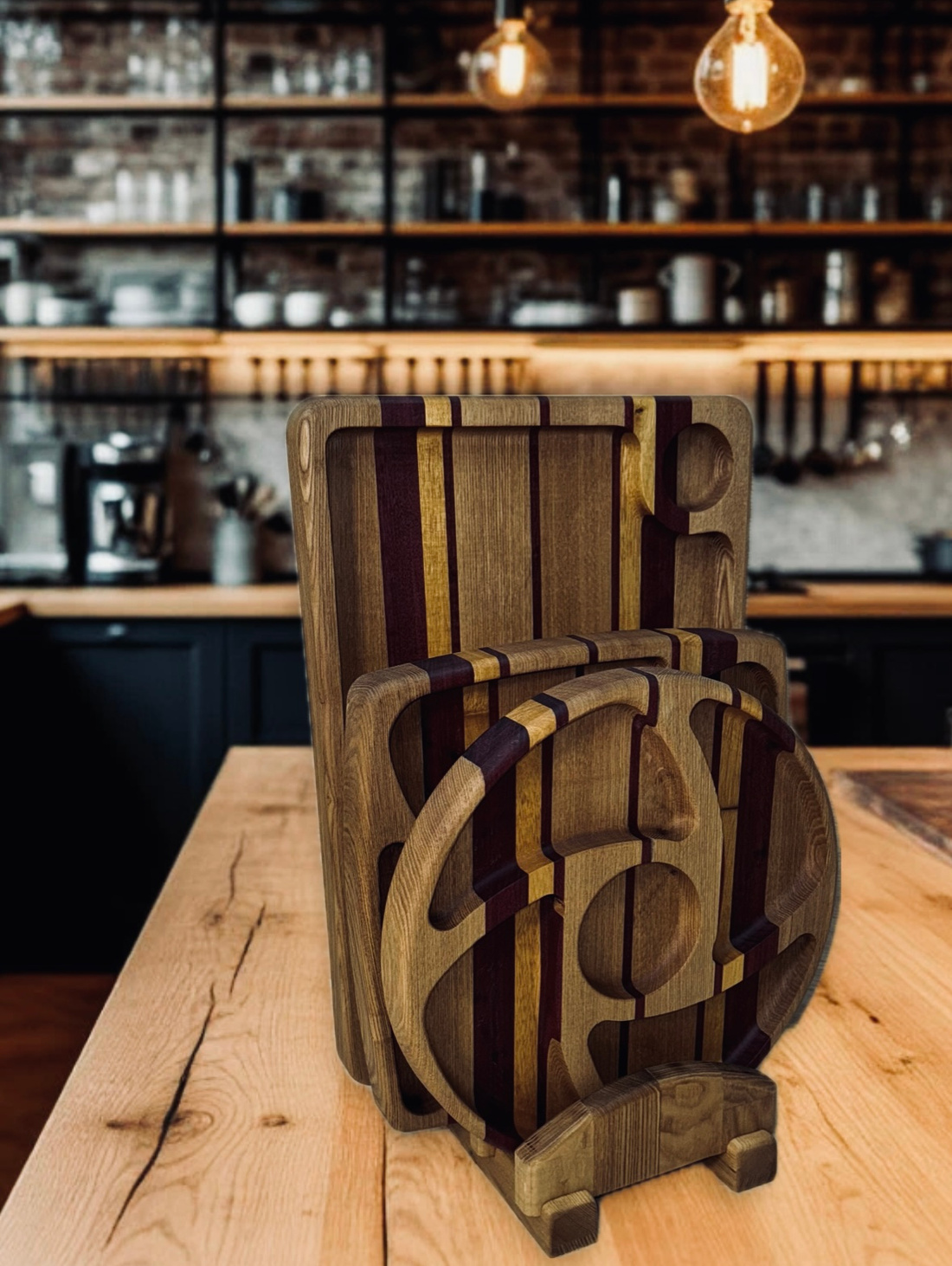 Набор менажниц из дуба, амаранта и мовингу на подставке. - фотография товара