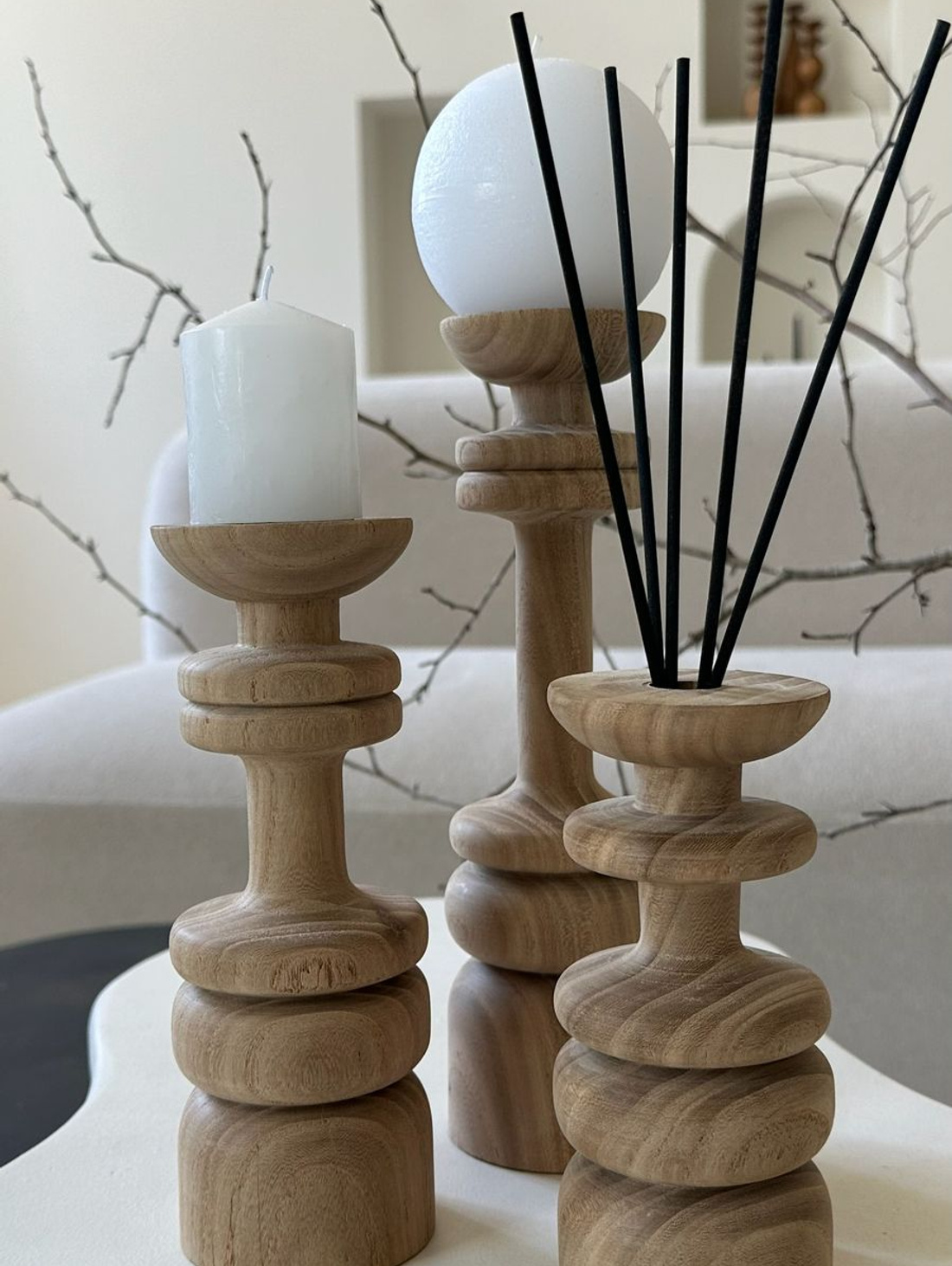 Набор подсвечников для свечей 3шт из натурального дерева - фотография товара