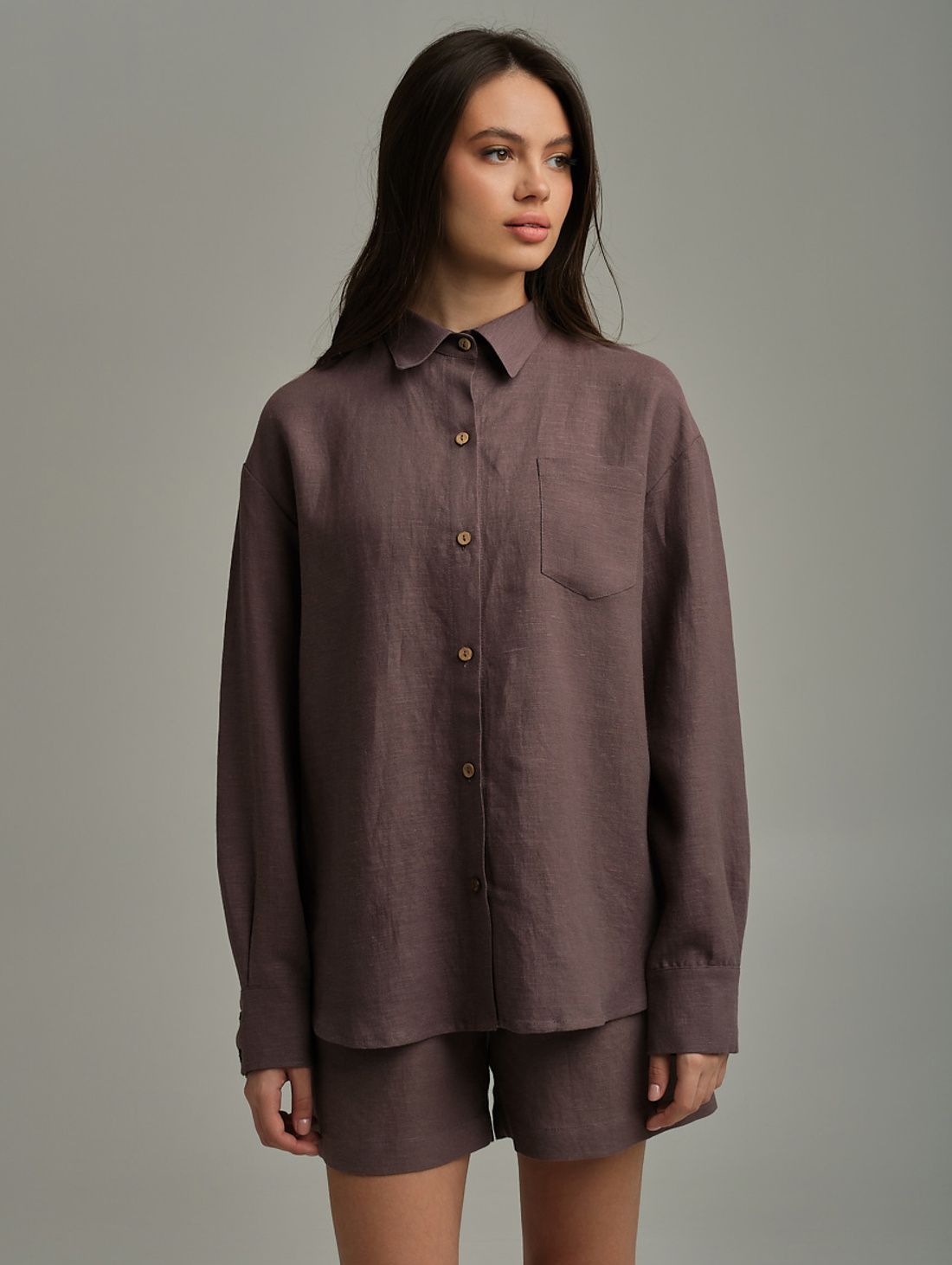 Рубашка оверсайз изо льна с длинным рукавом шоколадный - фотография товара
