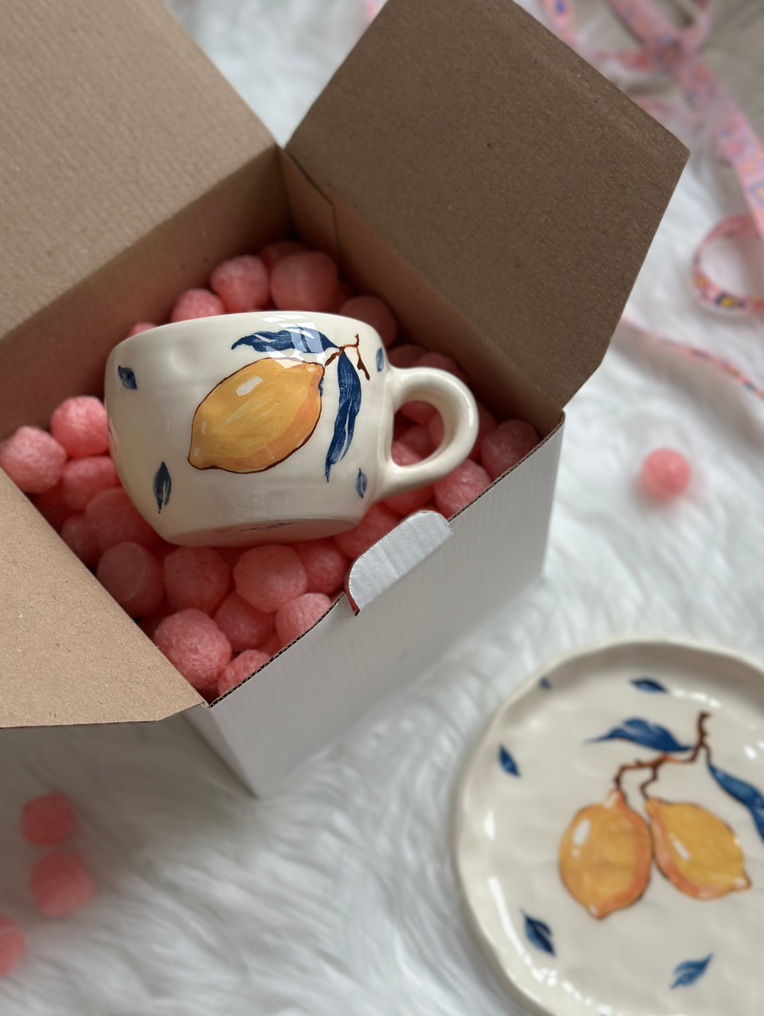 Керамическая чайная пара ручной работы "Лимон" - фотография товара