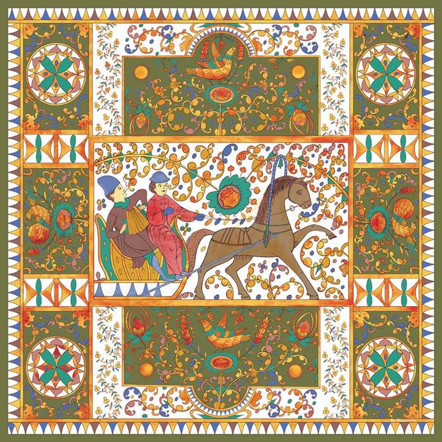 Шелковый платок "Сваты" зелёный - фотография товара