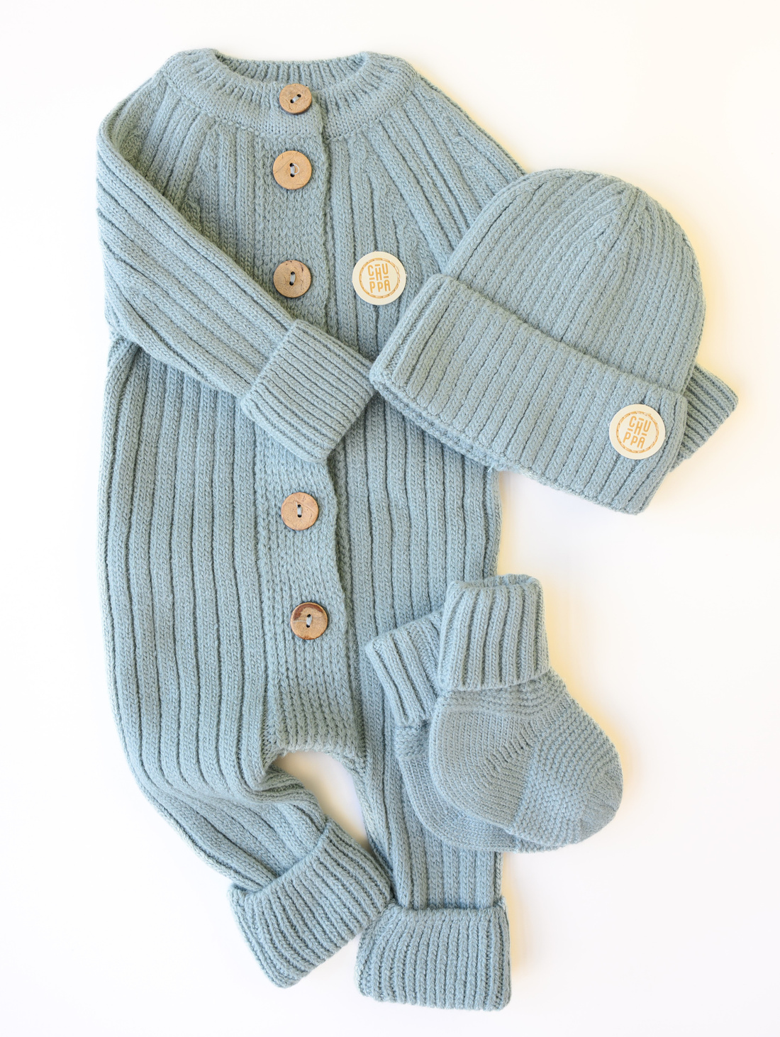 Комбинезон вязаный с шапочкой и носочками Эвкалипт - фотография товара
