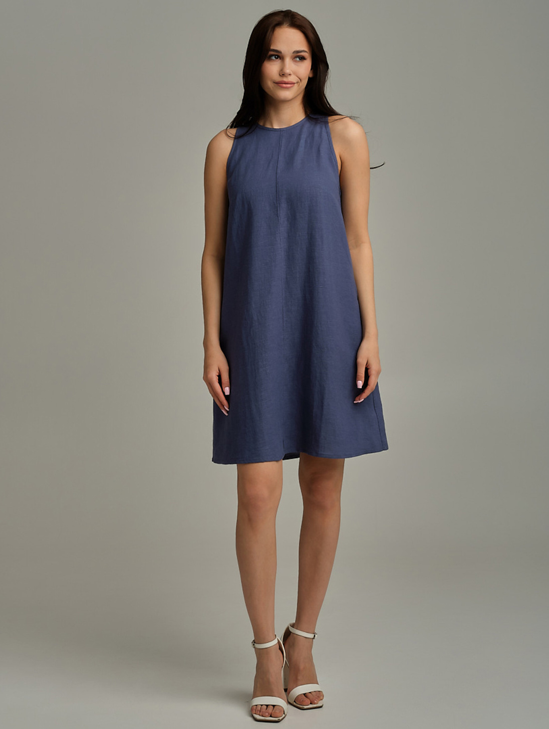 Платье изо льна трапеция дымчато-синий - фотография товара