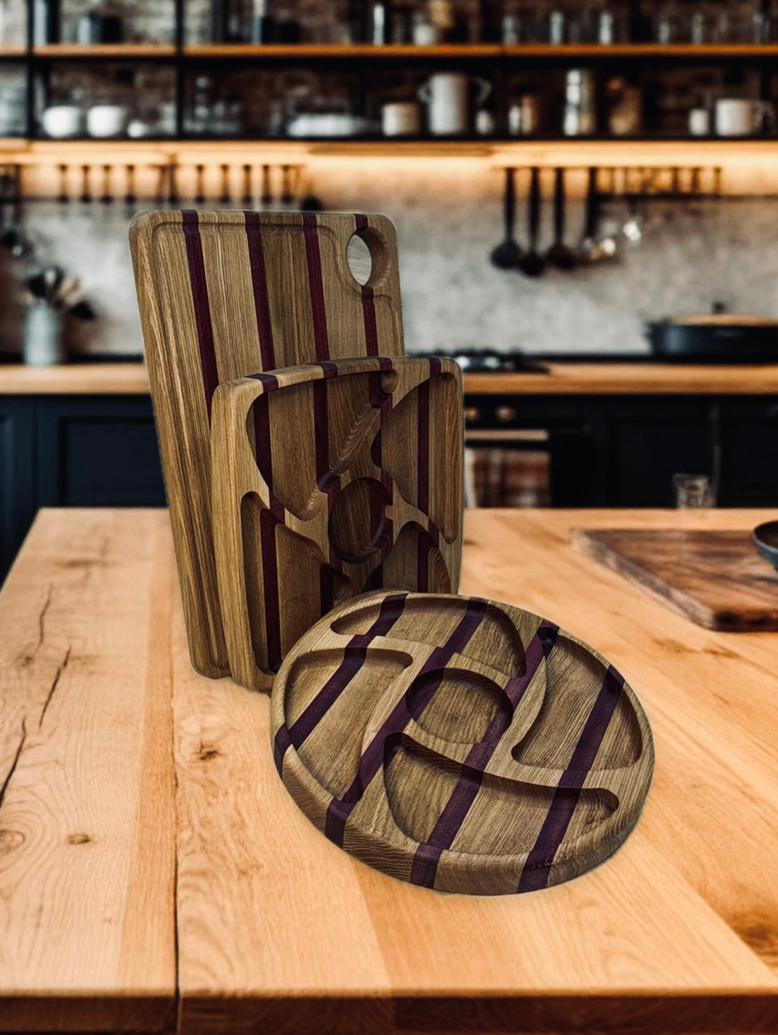 Набор менажниц из дуба и амаранта на подставке - фотография товара