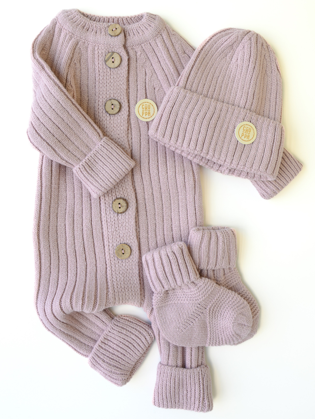 Комбинезон вязаный с шапочкой и носочками Пудра - фотография товара
