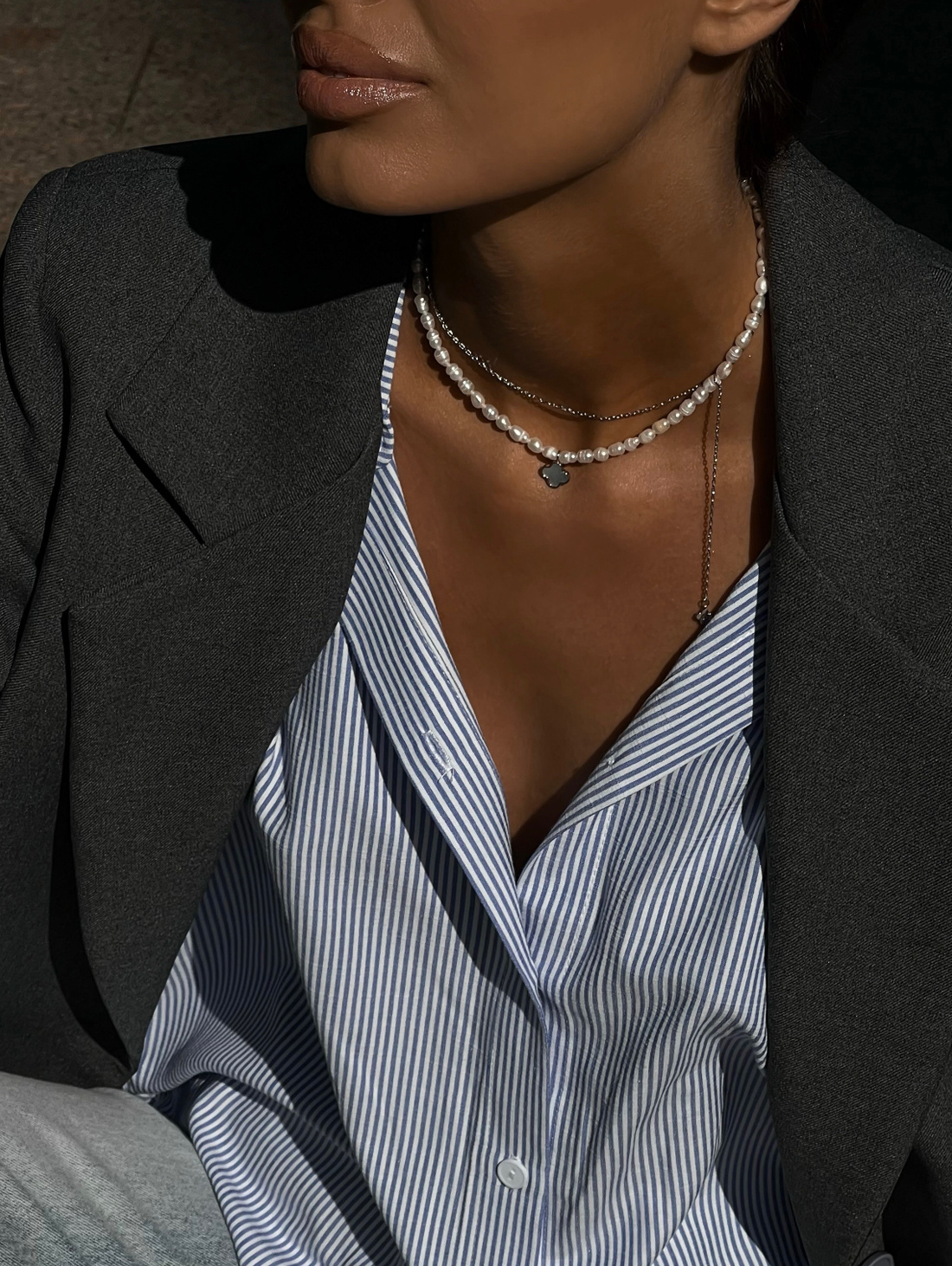 Двойная цепь с подвеской «Клевер» серебристая - фотография товара