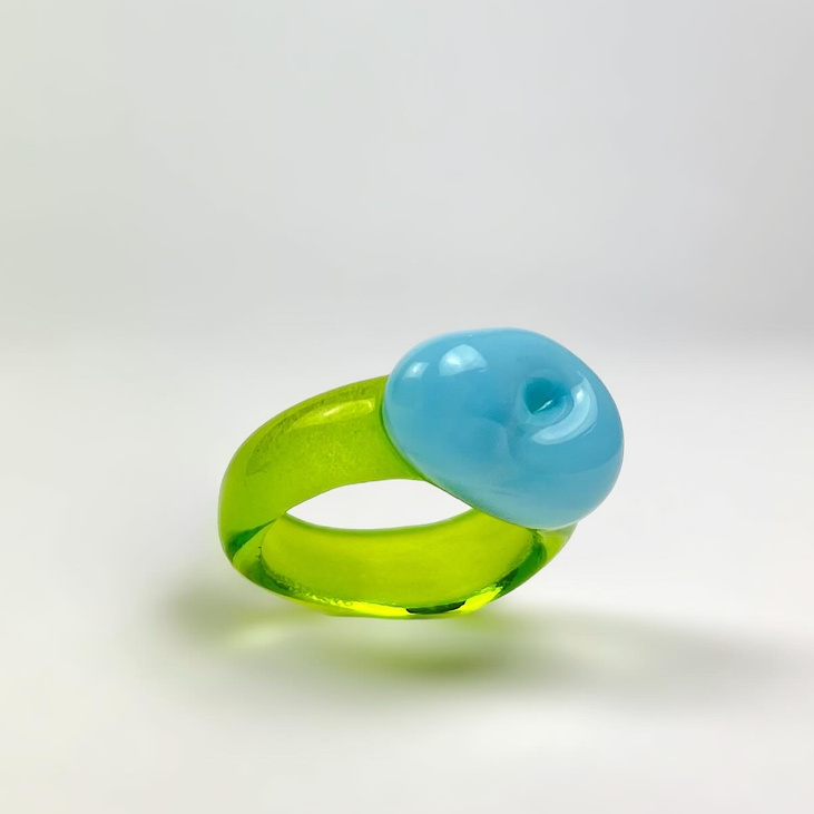 Кольцо стеклянное STKLO Mono  Crystal Green &  Cheerful Blue