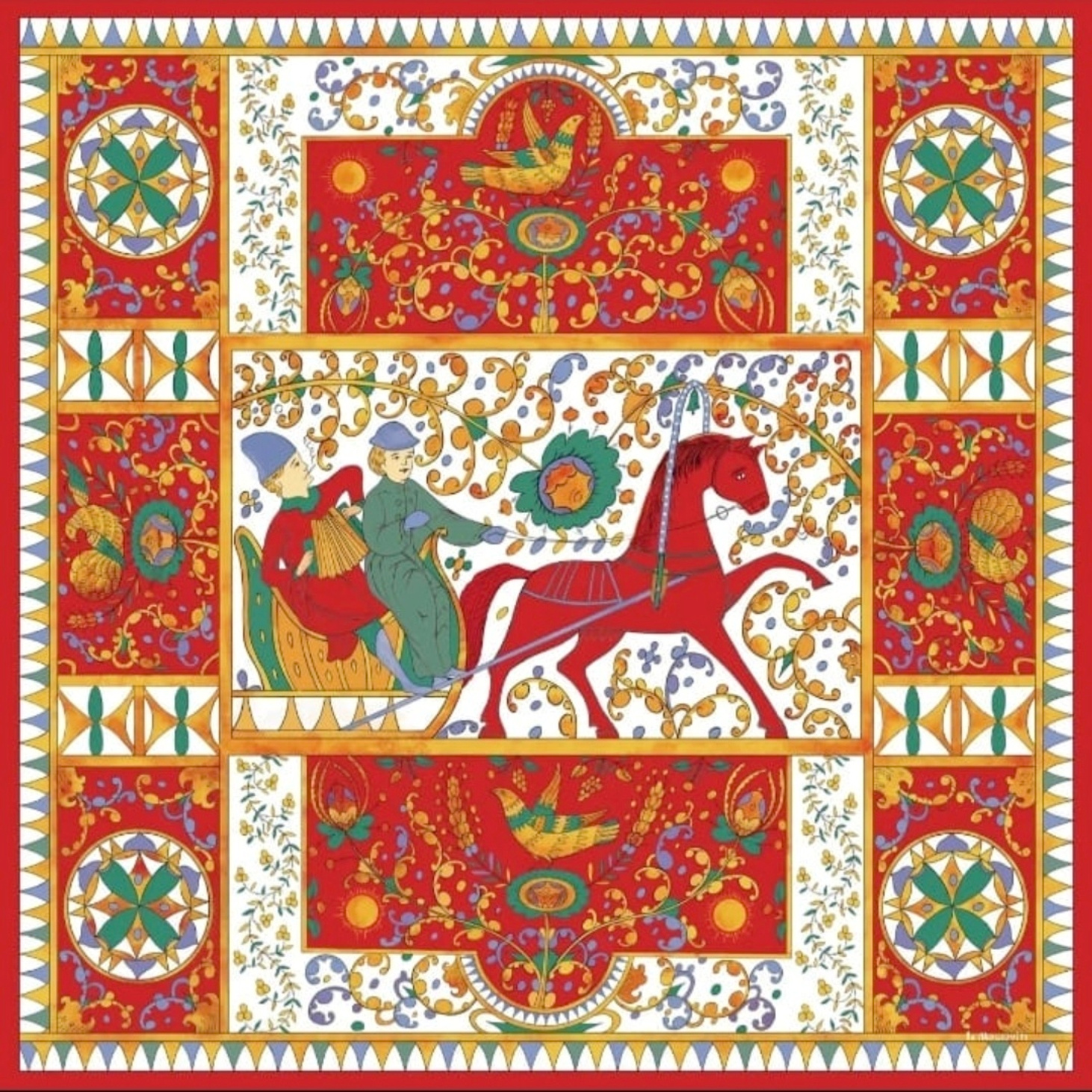 Шелковый платок "Сваты" красный - фотография товара