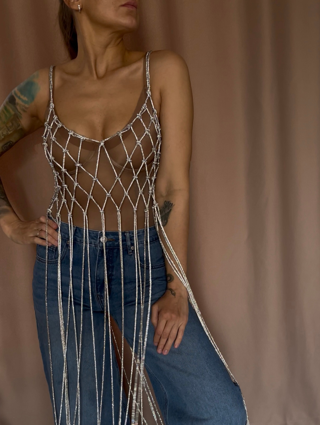 Сверкающий двусторонний макраме топ - фотография товара