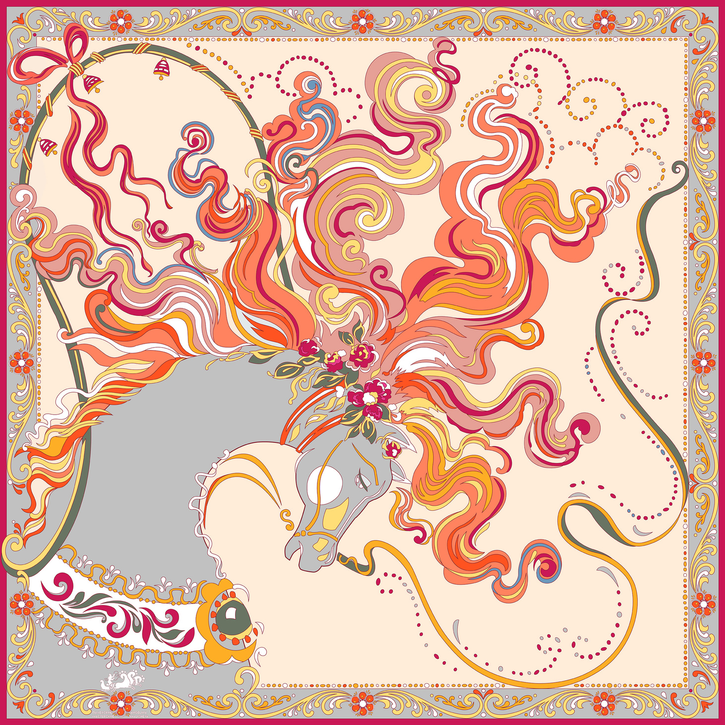 Шелковый платок «Палехский конь». Бежевый. 90х90 - фотография товара