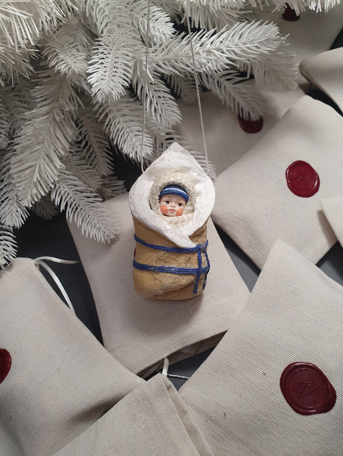 Ватная игрушка на ёлку "Младенец в одеяле" - фотография товара